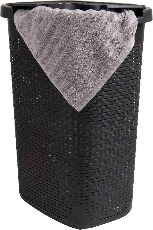 Photo 1 of (Lid Only) for Mind Reader 60L Slim Laundry Hamper Replacement Lid. It features a dark gray or black plastic composition with a ventilated, open-cutout wicker weave pattern and a central recessed handle cutout