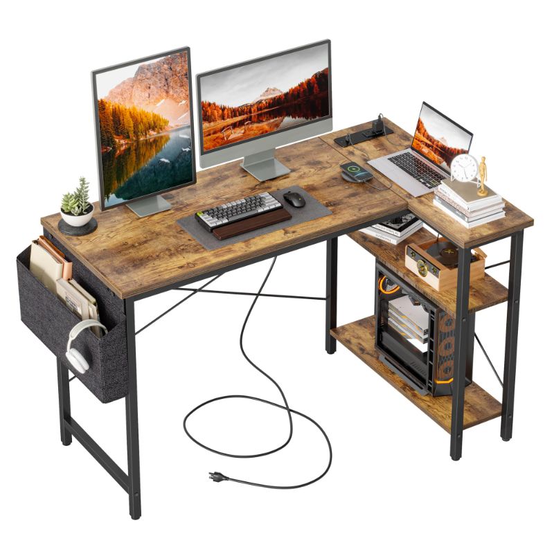 Photo 1 of TIQLAB L Shaped Computer Desk with Power Outlets, 47 Inch Small Corner Desk with Reversible Shelves, Gaming Desk Computer Table Study Writing Desk for Home Office Small Space, Rustic Brown