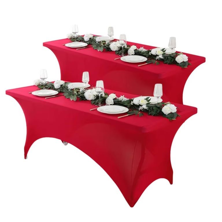 Photo 1 of Craft And Party 2 Pack 6ft Red Spandex Tablecloth – Fitted Tablecloths – Stretch Tablecloth Universal Fit for Folding Tables 
