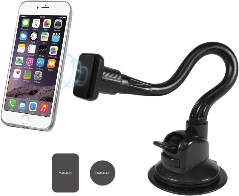Photo 1 of Gabba Goods Magnetic Phone Mount features a flexible gooseneck arm and a suction cup base designed to secure most smartphones up to 6.7 inches on a car dashboard or windshield.