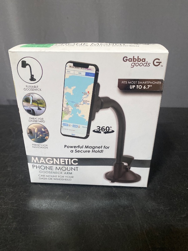 Photo 1 of Gabba Goods Magnetic Phone Mount features a flexible gooseneck arm and a suction cup base designed to secure most smartphones up to 6.7 inches on a car dashboard or windshield.