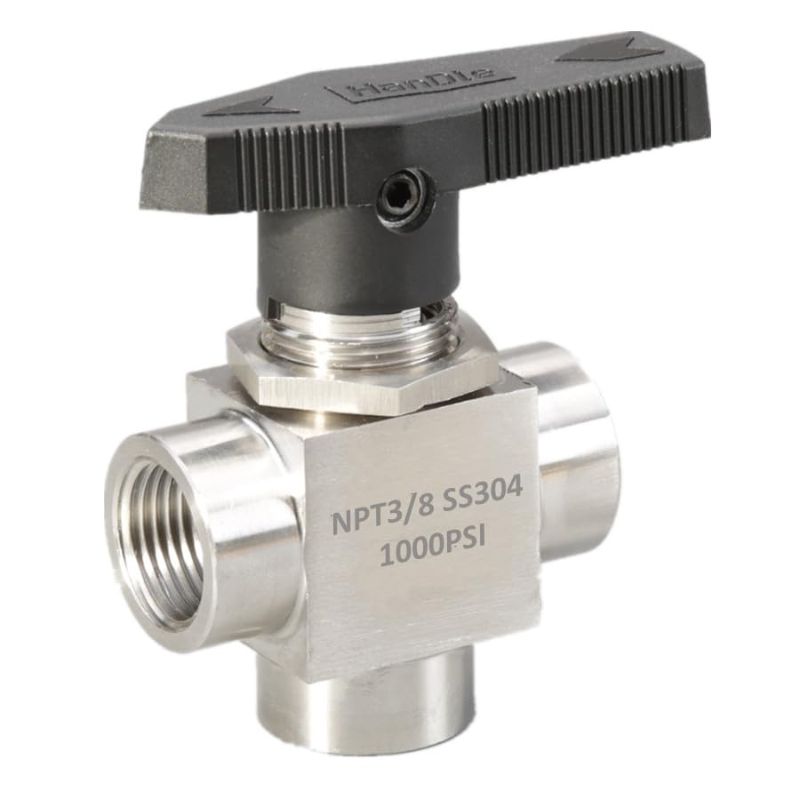 Photo 1 of 3-Way Ball Valve, L-Port, 3/8" NPT, 304 Stainless Steel Barstock, Heavy-Duty 7mm Reduced Port, 1000 PSI, Diverter Valve for Instrumentation, Gas, Pneumatics, Water & Chemical Processing
