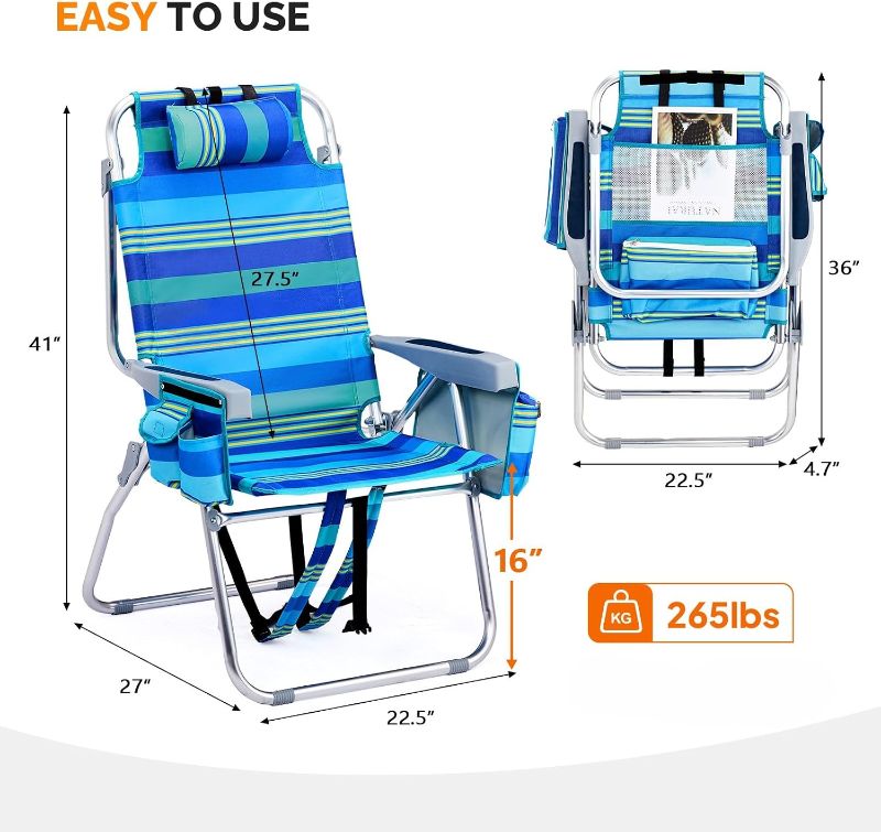 Photo 1 of 16" Tall Beach Chairs for Adults,Lightweight Backpack Chair with 5-Position,Cooler Bag,Cup Holder,Towel Rack?Suitable for Camping Pool Patio Lawn Outdoor Travel