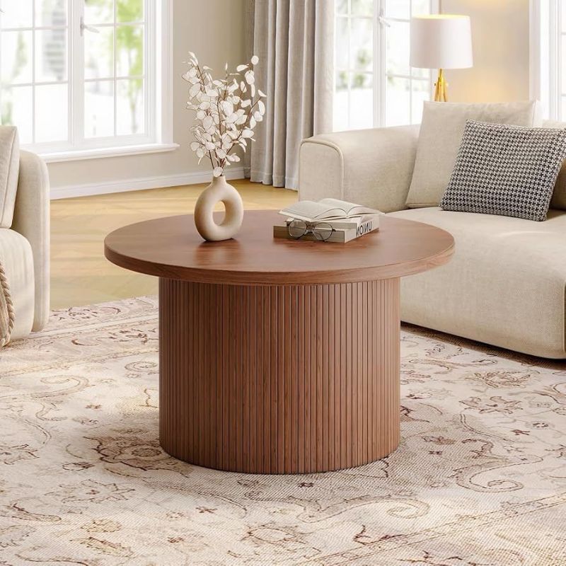 Photo 1 of 31.5\" Round Coffee Table, Tambour Design Coffee Tables for Living Room, Mid Century Modern Wood Coffee Table, Drum Accent Small Center Table, Walnut