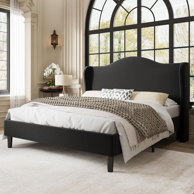 Photo 1 of Full Size Bed Frame, Plush Velvet Wingback, Modern Style, Black