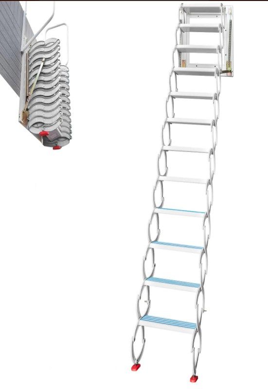 Photo 1 of VEVOR Attic Steps Pull Down 12 Steps Attic Stairs Alloy Attic Access Ladder, White Pulldown Attic Stairs, Wall-mounted Folding Stairs for Attic, Retractable Attic Ladder with Armrests, 9.8 feet Height