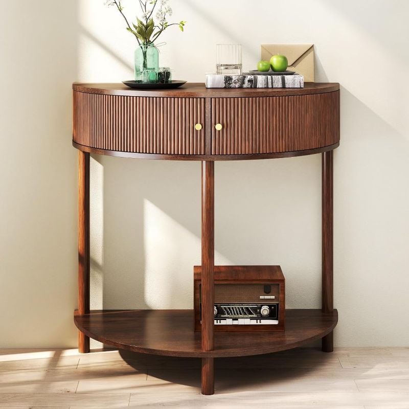 Photo 1 of Entryway Table, Artisan-Crafted Half Moon Fluted Console Tables with 2 Rattan Storage,Small Half Circle Tables for Hallway, Narrow Round Accent Decort Table for Living Room (Brown)