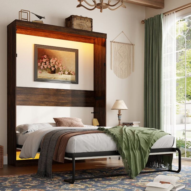 Photo 1 of ChVans Queen Size Murphy Wall Bed with 2 LED Lights, Farmhouse Wood Space-Saving Hidden Folding Bed Chest, Multifunctional Storage Cabinet Bed with Gas Struts for Bedroom, Guest Room, Office