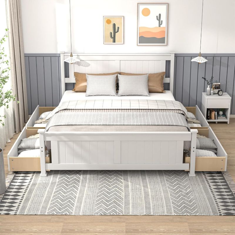 Photo 1 of Queen Size Solid Wood Bed with 4 Storage Drawers and Headboard,Modern Minimalist Panel Platform Bed for Kids,Adults & Guests,Sleigh Bed,Crisp White