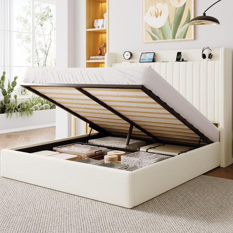 Photo 1 of Allewie Queen Lift Up Storage Hydraulic Bed Frame,Charging Station,Cream