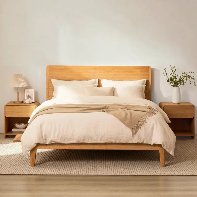 Photo 1 of Japanese Joinery Bed Frame Queen with Storage Headboard, Bamboo Platform Bed, Movable Bedside Table, Charging Station, Tool-Free Assembly, Natural Oak