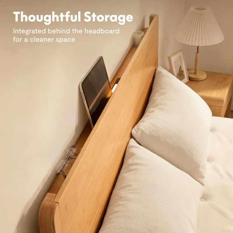 Photo 1 of Japanese Joinery Bed Frame Queen with Storage Headboard, Bamboo Platform Bed, Movable Bedside Table, Charging Station, Tool-Free Assembly, Natural Oak