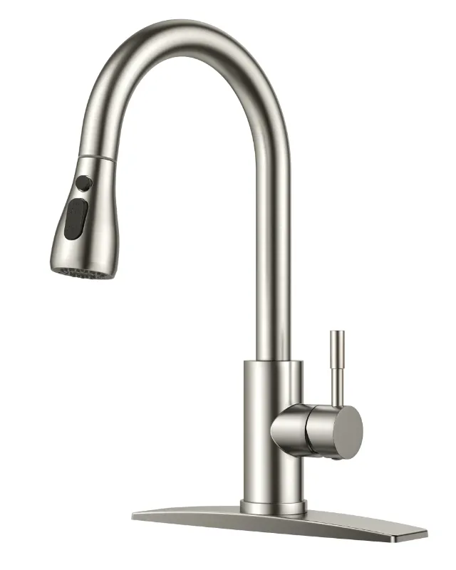 Photo 1 of FORIOUS Kitchen Faucets with Pull Down Sprayer, Brushed Nickel High Arc Single Handle Stainless Steel Bar Sink Faucet with Deck Plate for 1 or 3 Hole, Suitable for Farmhouse RV Camper Laundry