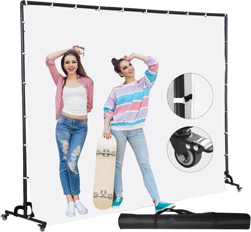 Photo 1 of Movable White Backdrop Stand with Pulley, Suitable for Studio Photography, Stage Background Layout, Portrait and Product Photography, Live Streaming, Cutout (7 * 10FT)