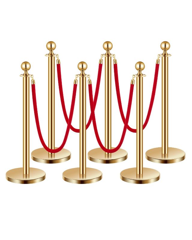 Photo 1 of VEVOR Stanchions and Velvet Ropes 6Pcs, Hollow Base with Stainless Steel Post, 4 Red Velvet Ropes and Posts, Crowd Control Barriers Gold Stanchions, Red Carpet Runner Poles for Party Supplies