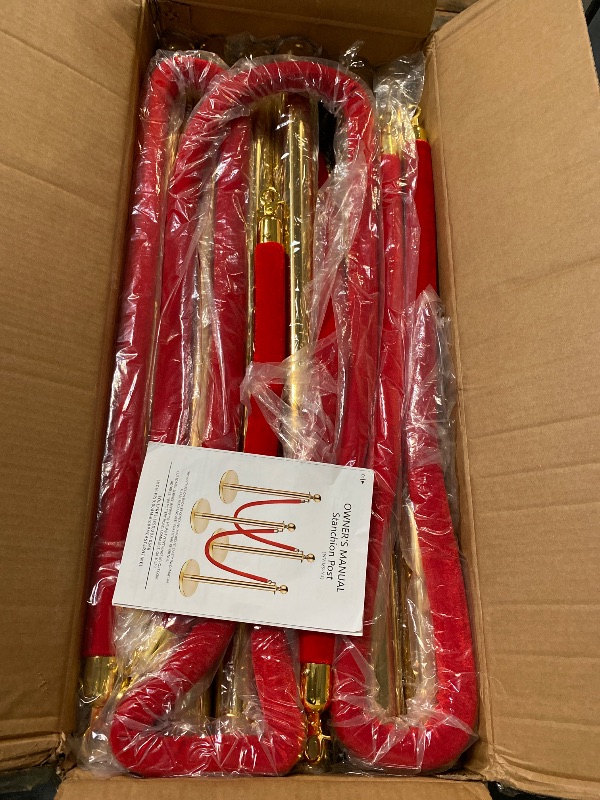 Photo 1 of VEVOR Stanchions and Velvet Ropes 6Pcs, Hollow Base with Stainless Steel Post, 4 Red Velvet Ropes and Posts, Crowd Control Barriers Gold Stanchions, Red Carpet Runner Poles for Party Supplies