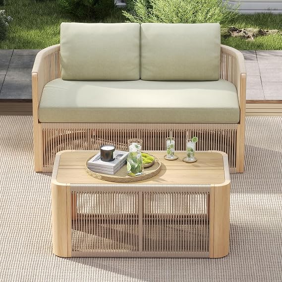 Photo 1 of (Missing Sofa Cushion) 2 Piece Patio Furniture Set, Olefin Rattan Patio Conversation Set, Aluminum Patio Sofa Set, 2 Seat Loveseat with Coffee Table, All Weather Outdoor Sectional Furniture for Backyard/Lawn