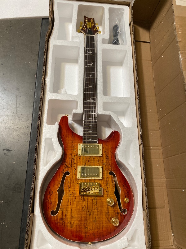 View 2 of Aged Wood Maple Semi Hollow Prs Electric Guitar HH Gold Pickups Mahogany Body Surf Rock Indie Unisex