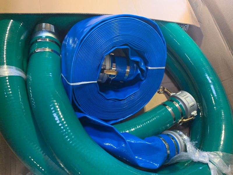 Photo 1 of 4 Inch Suction Hose Pump kit, Includes 4" x 65' Blue PVC Backwash Hose & 4" x 20' Green PVC Suction Hose & Steel Round Hole Suction Strainer & Cam and Groove Adapter,4" Suction Hose Kit for Water Pump