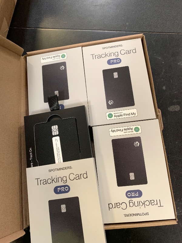 Photo 1 of SPOTMINDERS Apple MFi Certified Credit Card Wallet Tracker PRO 4-Pack (iOS Only) Works with Apple Find My Rechargeable Tracking Card for Wallet IP68 0.07in Slim iPhone Item Finder for Luggage or Purse