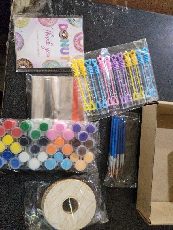 View 2 of 12 Pack Donut Party Favors, DIY Wood Painting Craft Kit with Bubbles