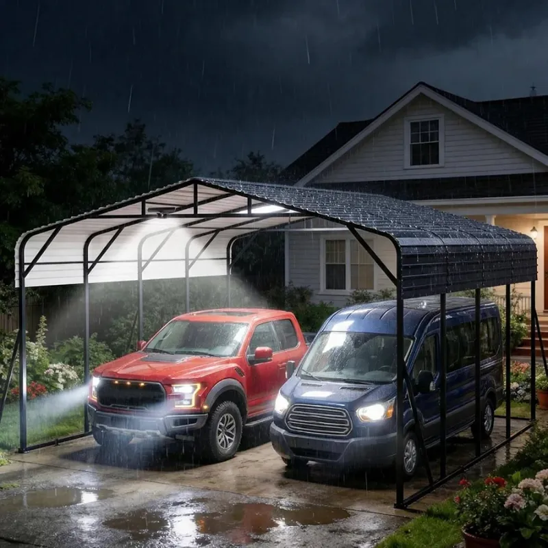 View 1 of [Missing multiple boxes] Garvee 20x20ft Metal Carport Steel Garage Shelter
Heavy steel roof with solar lights protects two trucks and boats in all weather.