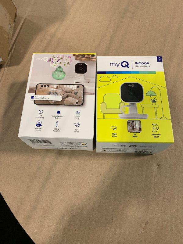 Photo 1 of *See Clerk Notes* myQ Indoor Plug-in Security Camera Gen 2 – 2K Smart Wi-Fi Camera with Night Vision, Baby and Pet Monitor, Motion Detection and Alerts, 2-Way Audio & App Control, 2 Pack