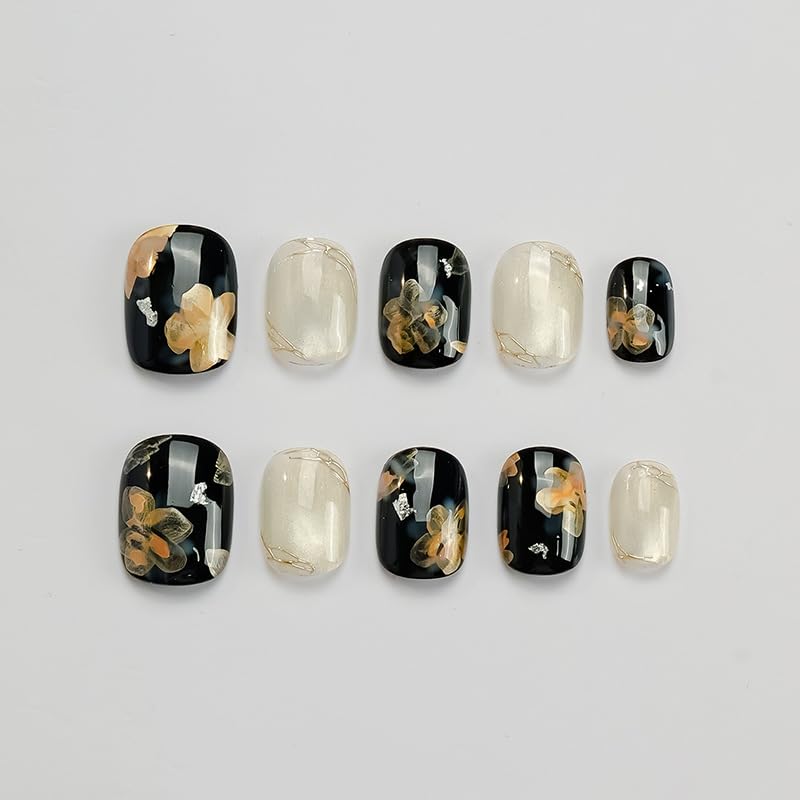 Photo 1 of [GLORS] Press On Nails Short Square, Black Gold Flower and White Marble Design, Cat Eye Effect Gel Nails, 10 Pieces (Small, SS)