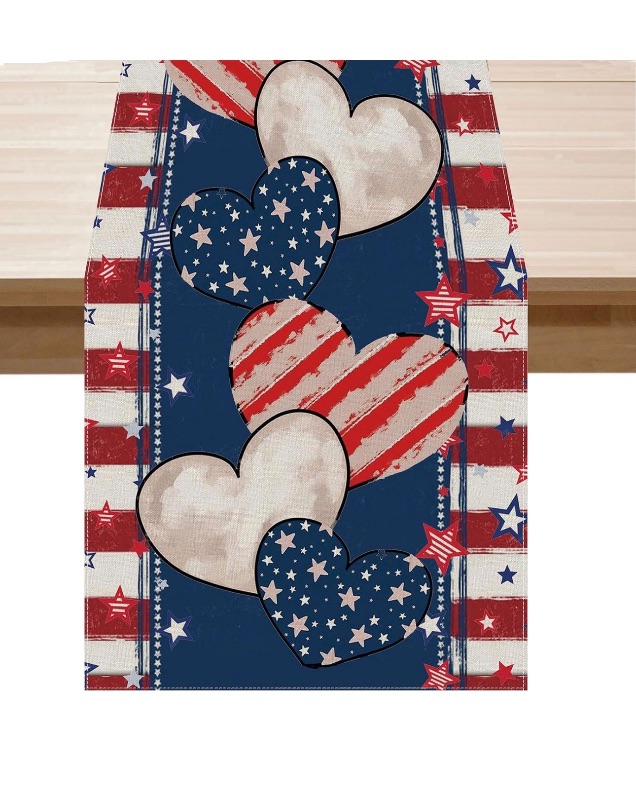 Photo 1 of ***4 PLACE MATS*** 4th of July Table Runner Stripe Stars Heart Memorial Day Independence Day Patriotic America Table Decoration Home Kitchen Dining Indoor Holiday Farmhouse Decor 13x72 Inch