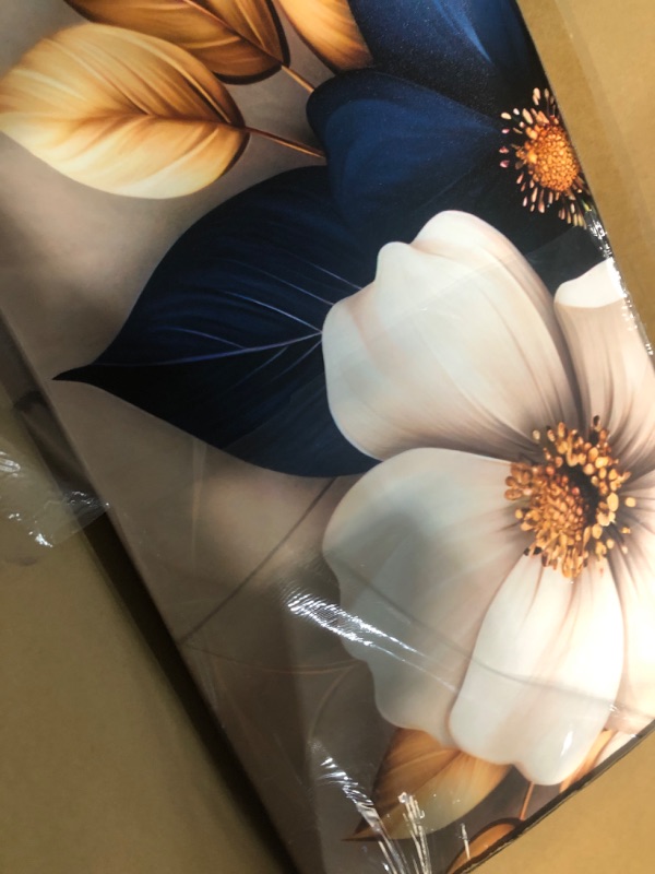 View 2 of **MINOR SCRATCHES FROM INSPECTION**QBXMGRP Modern Floral Canvas Wall Art, Blue White Gold Flowers, 24x36in