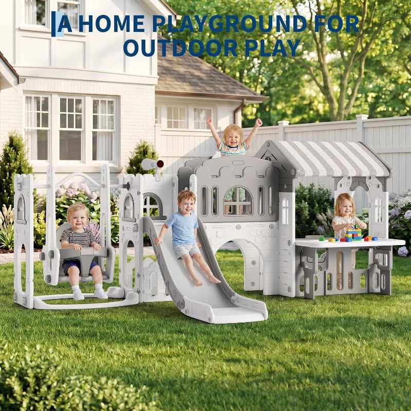 View 1 of ***PARTIAL SET*** ***STOCK PHOTO FOR REFERENCE ONLY*** Garvee 9 in 1 Kids Playhouse Slide Swing Set, Large Indoor Outdoor Toddler Activity Play Center with Climber, Basketball Hoop, Activity Table, Tunnel & Storage Space for 1-3 Years Old (Grey White)