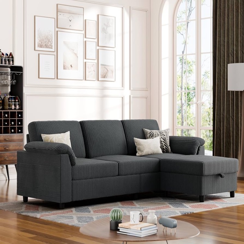 View 1 of ***PARTIAL SET*** Vongrasig Convertible Sectional Sofa Couch, 3 Seat L Shaped Sofa with Removable Pillows Soft Corduroy Fabric Small Couch Mid Century for Living Room, Apartment and Office (Gray)