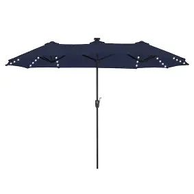 Photo 1 of 13 ft. Steel Market 8-Color Solar LED Lights Patio Umbrella in Blue
