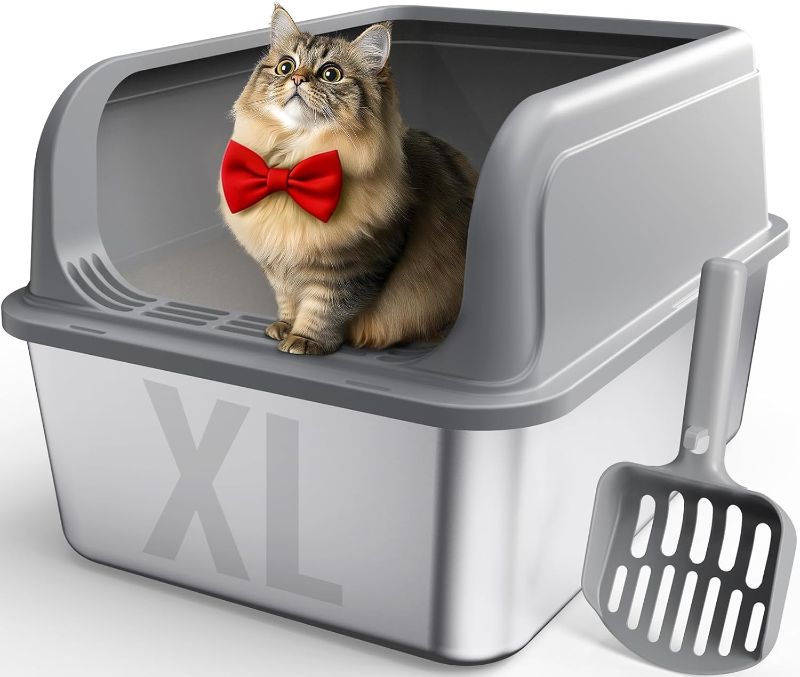 Photo 1 of  Powools Stainless Steel Cat Litter Box, Metal Litter Box with Scoop, High- Sided, Anti-Leakage Top Entry, Non-Sticky, Easy to Clean, Grey, XL (1 Pack) 