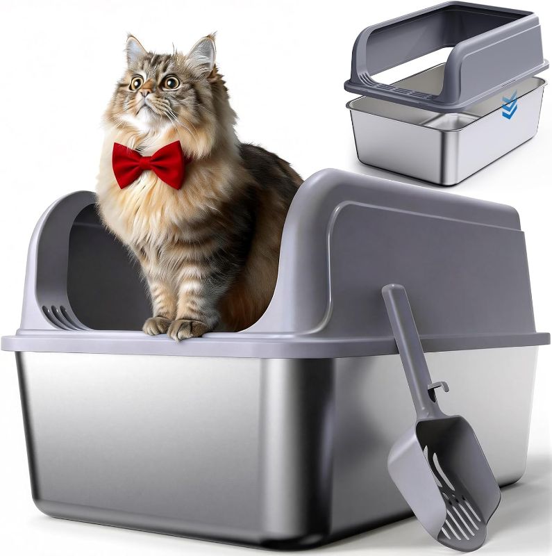 Photo 1 of  Powools Stainless Steel Cat Litter Box, Metal Litter Box with Scoop, High- Sided, Anti-Leakage Top Entry, Non-Sticky, Easy to Clean, Grey, M (1 Pack) 