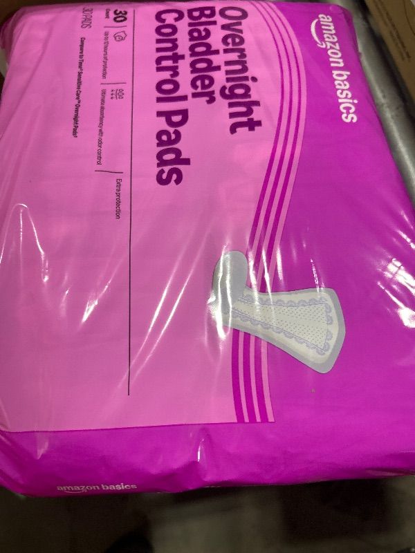 Photo 1 of Amazon Basics Incontinence Pads for Women, Postpartum Pads, Bladder Control, Overnight Absorbency, Fresh Protection, Unscented, 30 Count, Packaging May Vary