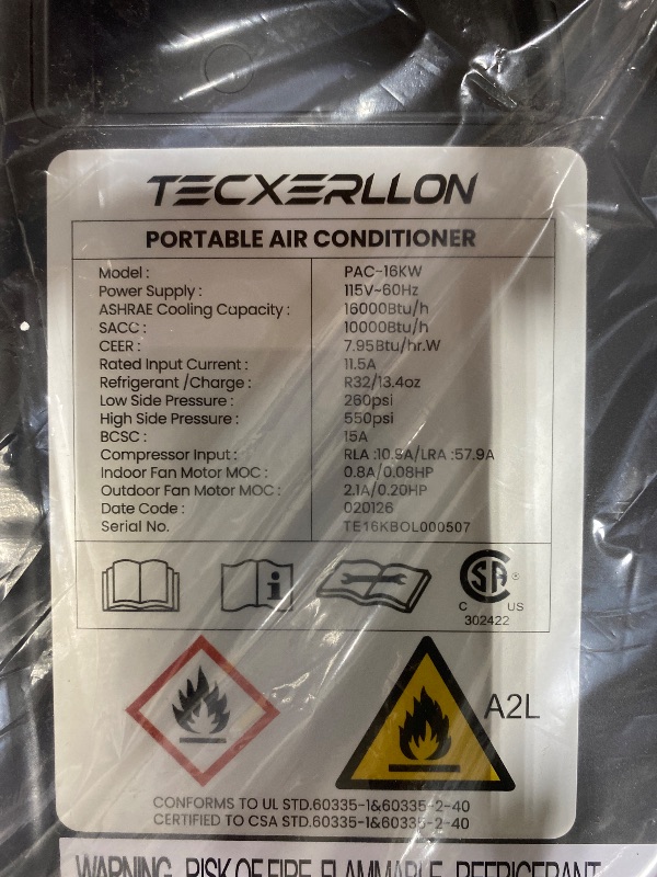 Photo 1 of TECXERLLON 16,000 BTU Portable Air Conditioner for Large Room up to 850 Sq. Ft., Quiet 45dB 4-in-1 AC Unit with Dehumidifier, Self-Evaporating, Sleep Mode, Remote & Window Kit