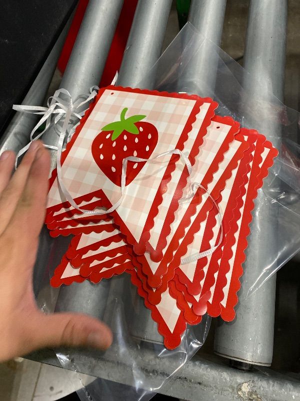 View 3 of [Missing Pieces] Berry Sweet One Birthday Banner Girl 1st Strawberry Party Decoration Red Pink Gingham Hanging Supplies