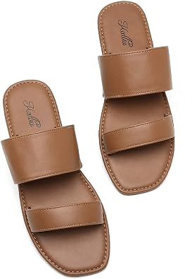 View 1 of Katliu Women's Flat Sandals Two Strap Slide Sandals Open Square Toe - 7.5