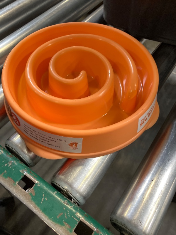 Photo 1 of Outward Hound Fun Feeder Slo Bowl – Medium 2?Cup Capacity, Slow Feeding, Small to Medium Dogs & Cats, Non-Slip, Orange, Swirl Pattern