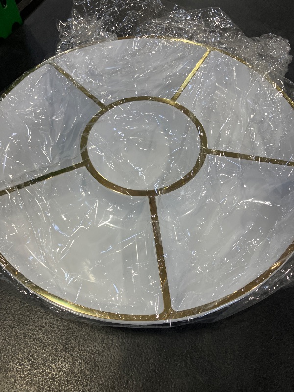Photo 1 of PLASTICPRO 5 Sectional Round Plastic Heavy duty Serving Tray/Platters White With Gold Rim Pack of 2