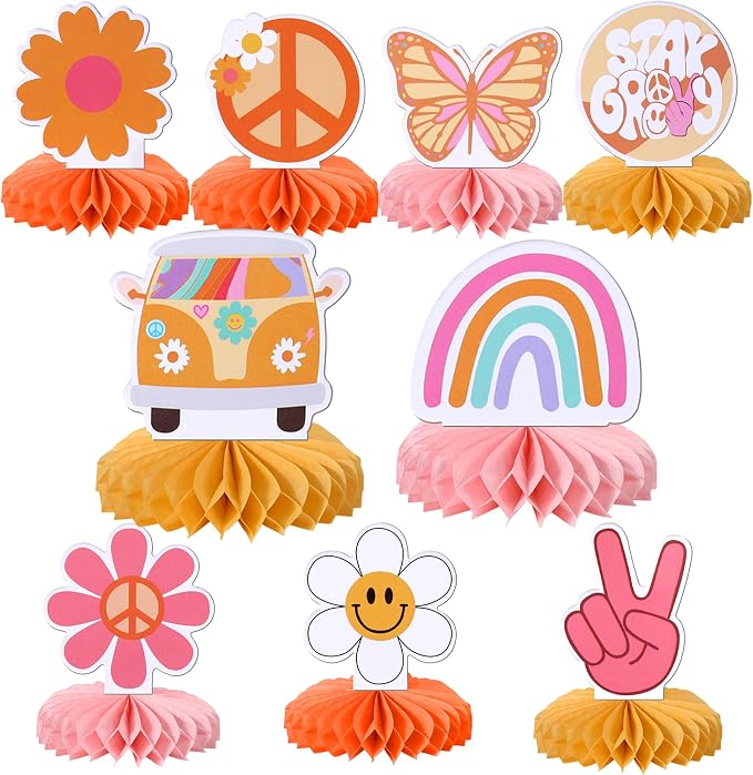 Photo 1 of 9 PCS Hippie Party Honeycomb Table Centerpiece Peace Sign Hand Butterfly Dasiy Flower 60s Retro Boho Two Groovy Table Toppers Centerpieces Decorations for Hippie Carnival Birthday Party Supplies
