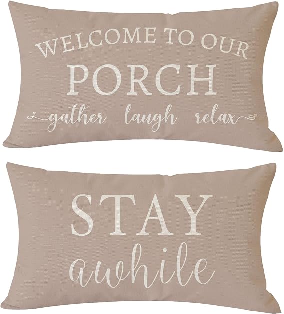 Photo 1 of PANDICORN Outdoor Lumbar Throw Pillow Covers 12x20 Inch Set of 4, Beige | Welcome to Our Porch Stay Awhile Relax Porch Patio Decorations Decorative Cushion Cases for Home Couch Bench Decor