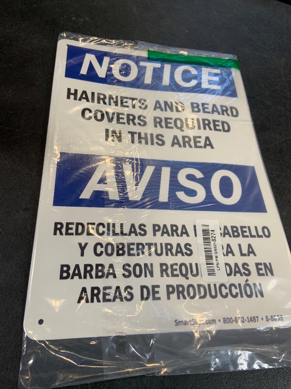 Photo 1 of SmartSign "Notice - Hairnets And Beard Covers Required" Bilingual Sign | 10" x 14" Plastic