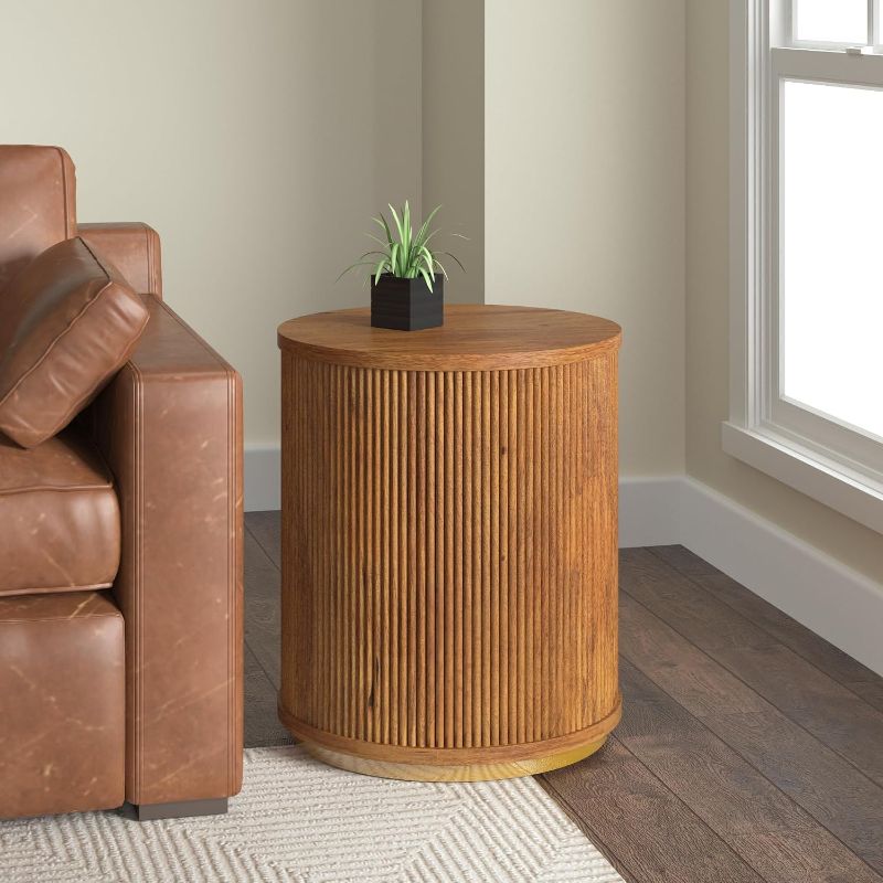 Photo 1 of Round Side Table for Home Decor | Solid Mango Wood End Table for Living Room, Bedroom, Entryway, Office | Modern Transitional Accent Table | Brown/Brass