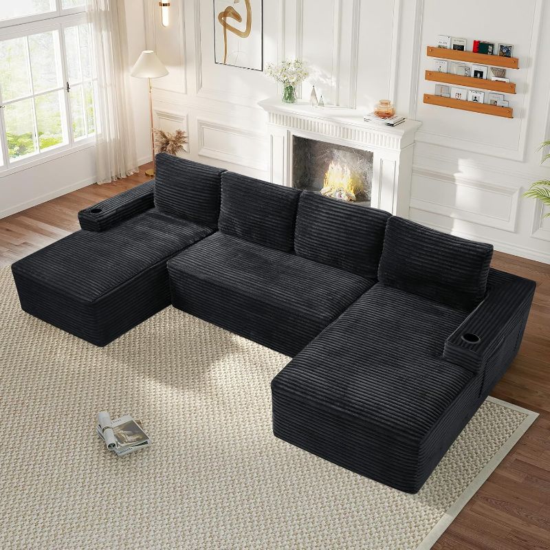 Photo 1 of 133" Oversized Cloud Boneless Sofa with Chaise, Modern Corduroy U Shaped Modular Sectional Sofa with Side Pockets & Cup Holders, Memory Foam Compressed Sofa for Living Room, No Assembly Needed, Black