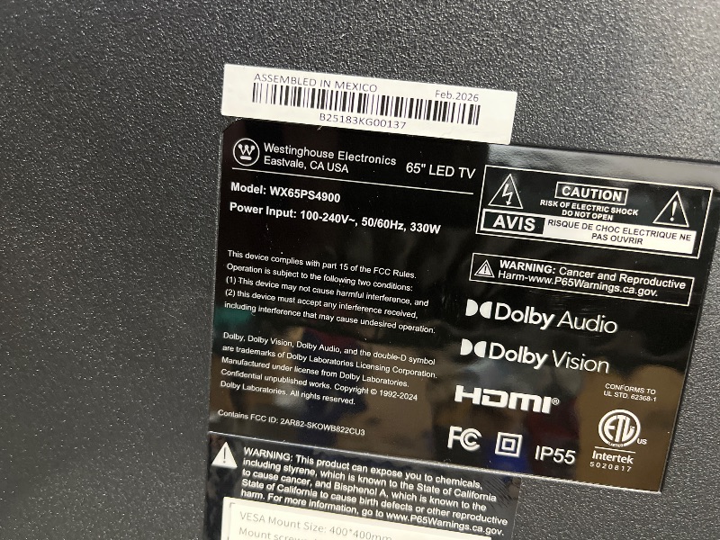 Photo 1 of Westinghouse 65 Inch Smart Outdoor TV, 4K UHD 700 nits High-Brightness Temperature Resistant IP55 Waterproof, Anti-Glare Display, Partial Sun, XUMO Smart TV PS Series, Weatherproof, Bluetooth, WiFi-------minor use everything wrks 