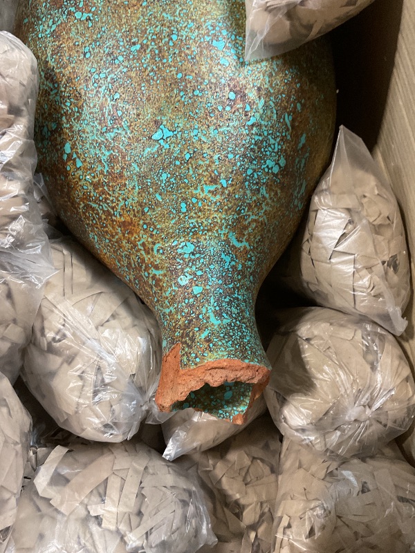 Photo 1 of **BROKEN LIP**Deco 79 Ceramic Decorative Vase Tall Distressed Antique Style Centerpiece Vase, Flower Vase for Home Decoration 13" x 13" x 37", Green
