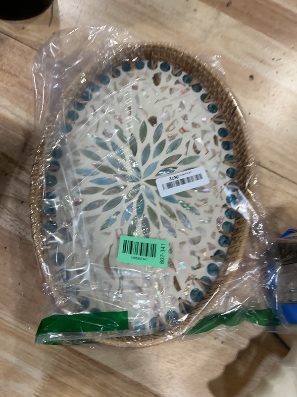 Photo 1 of 14.5 Inch Serving Tray for Coffee Table Ottoman Décor Tray for Living Room Mother of Pearl Inlay Rattan Centerpiece Tray for Candle Holder, Flower, Coffee, Bread, Fruit (Large)