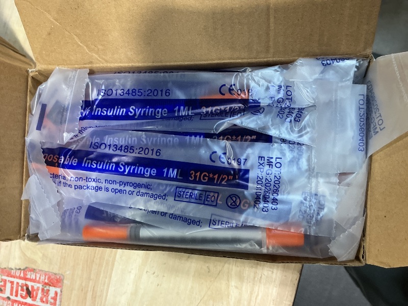 Photo 1 of 1ml/cc 31G 1/2 Inch Syringe, U-100 Lab Tools, Individual Wrapped, 100 Pack